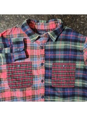 J Crew Mix Pattern Plaid Patchwork Flannel Button Up Outdoor Work Skate Preppy